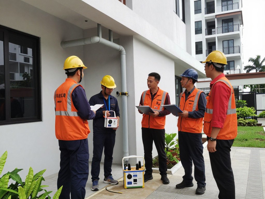 Teknisi melakukan deteksi pipa bocor di gedung bertingkat dan kompleks perumahan