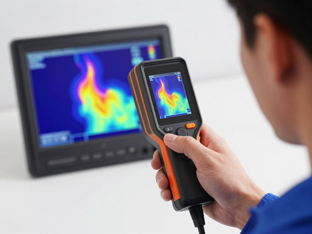 Thermal imaging camera menampilkan peta panas untuk mendeteksi kebocoran pipa