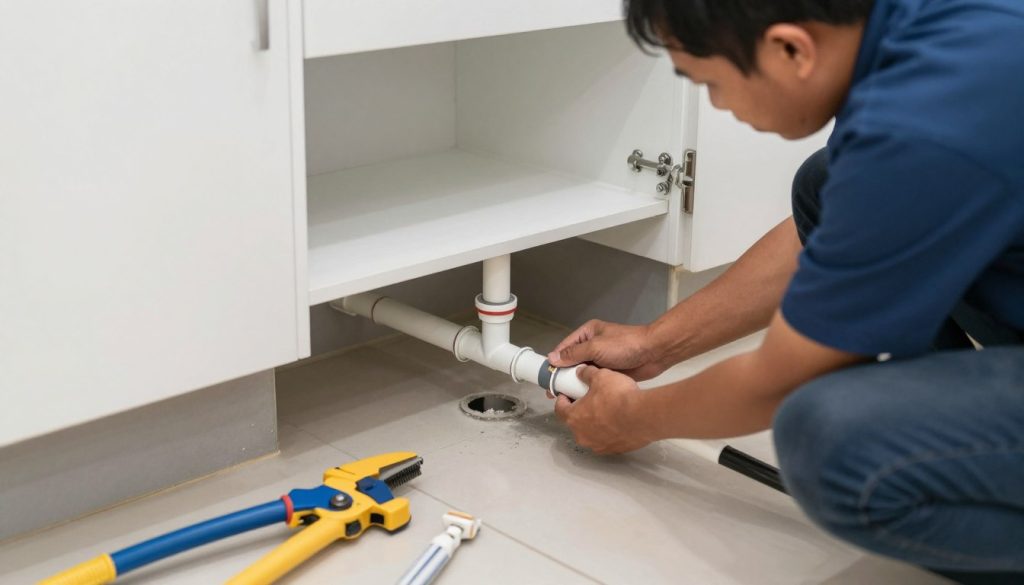 Tim teknisi profesional melakukan perbaikan pipa bocor dengan peralatan modern dan material berkualitas